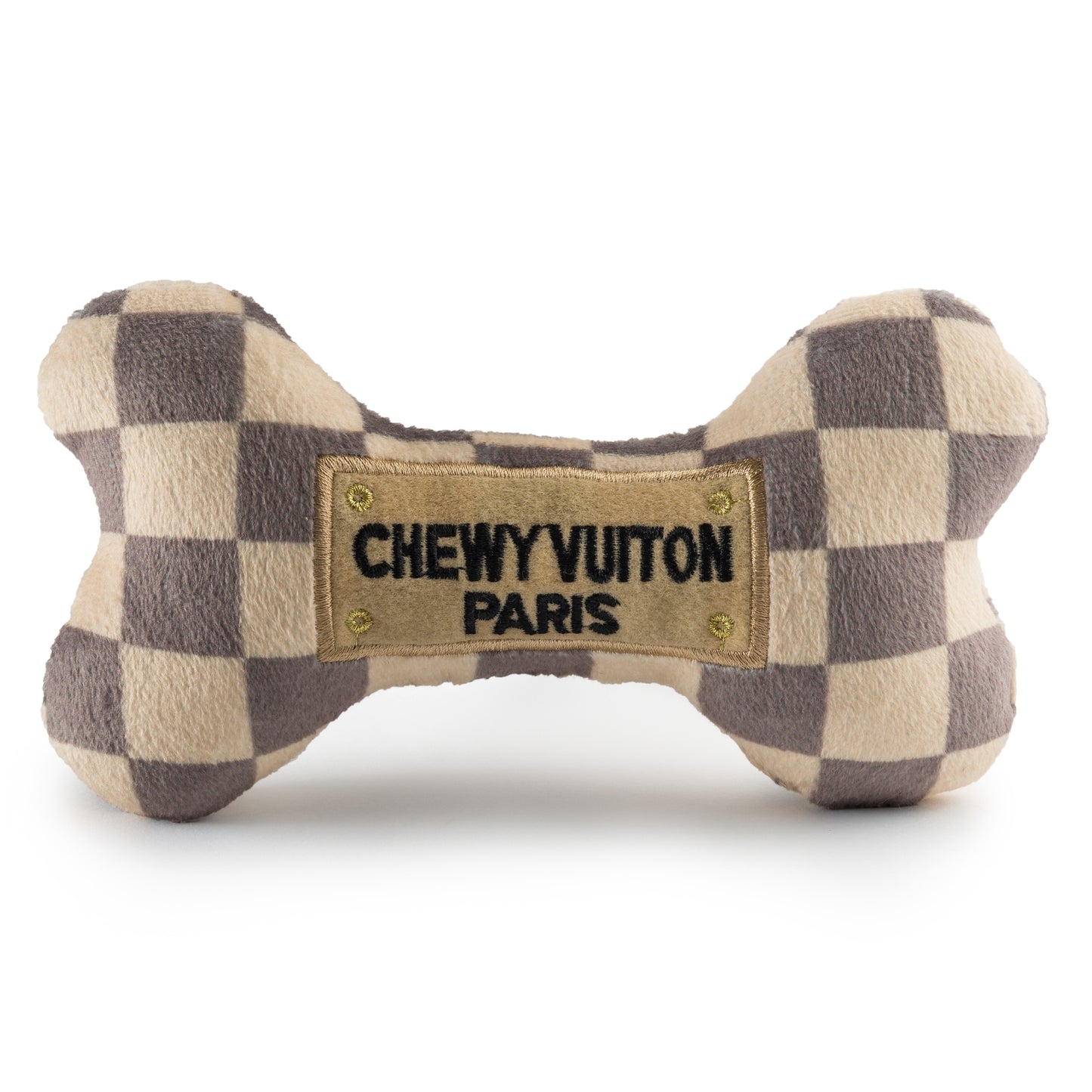 Checker Chewy Vuiton bot met pieper hondenspeelgoed